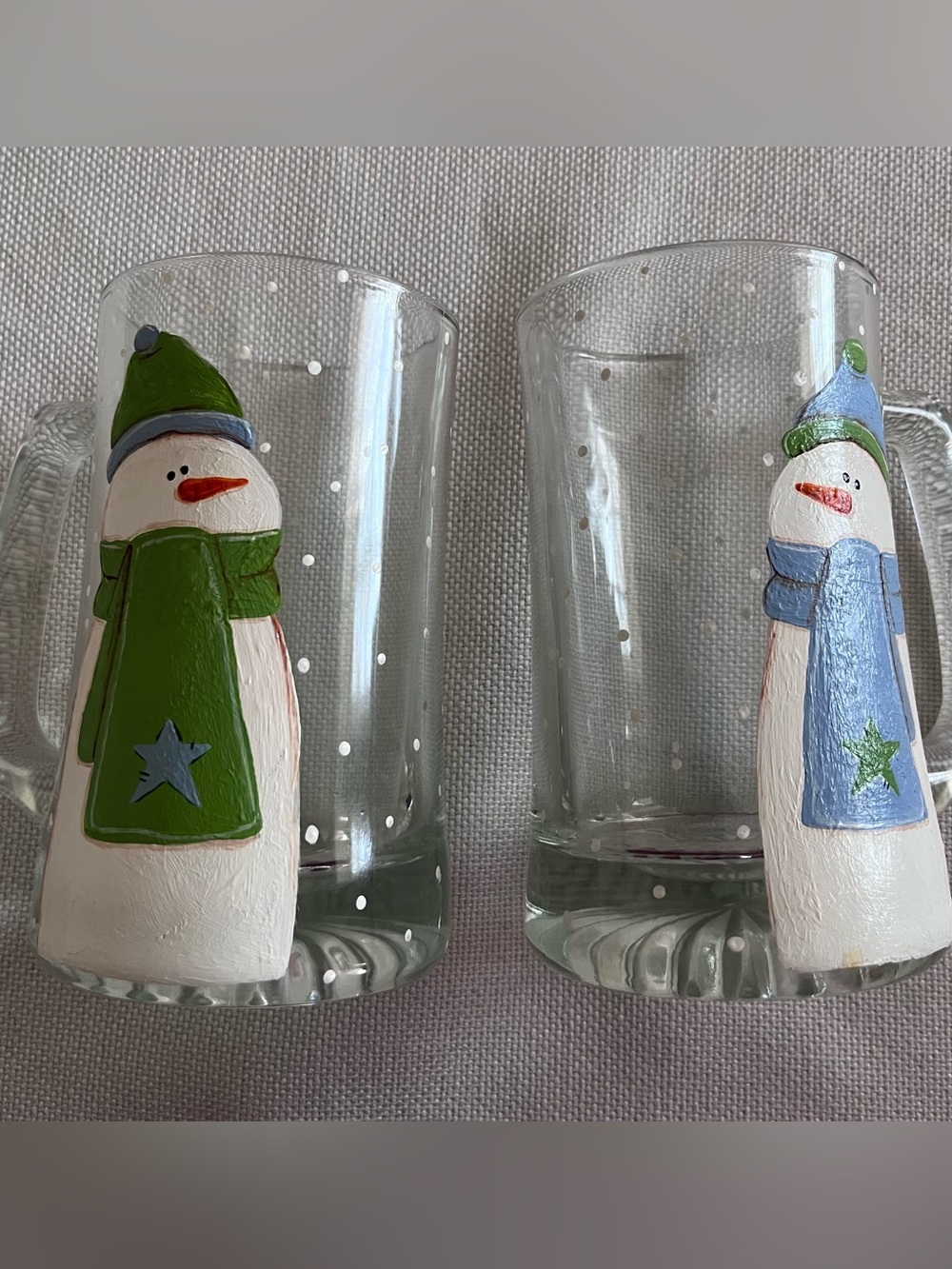 Hand-Painted Snowman Glass Mugs - Green & Blue Accents